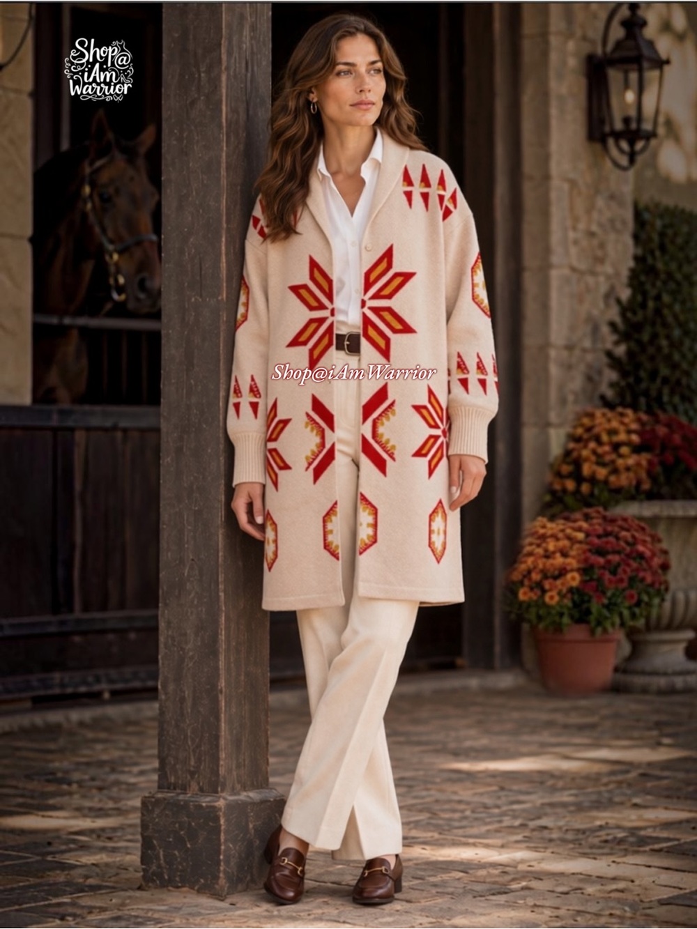 Sundance Wool Oatmeal Spice Southwestern Intarsia Sweater Duster Cardigan